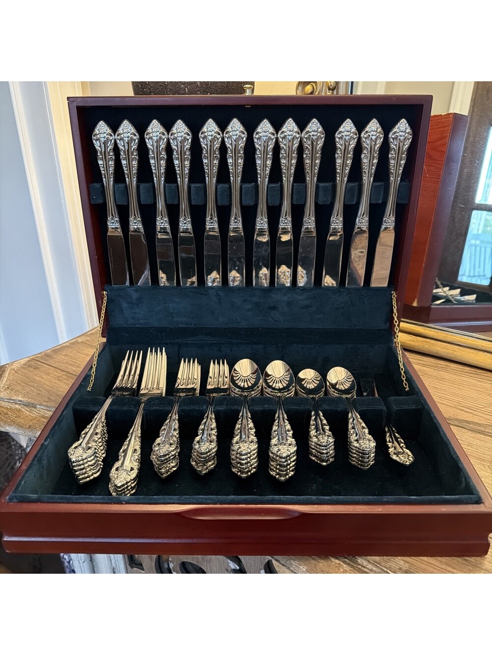 Wallace Antique Baroque Stainless Flatware - Service for 12 - 60 Pc w Chest